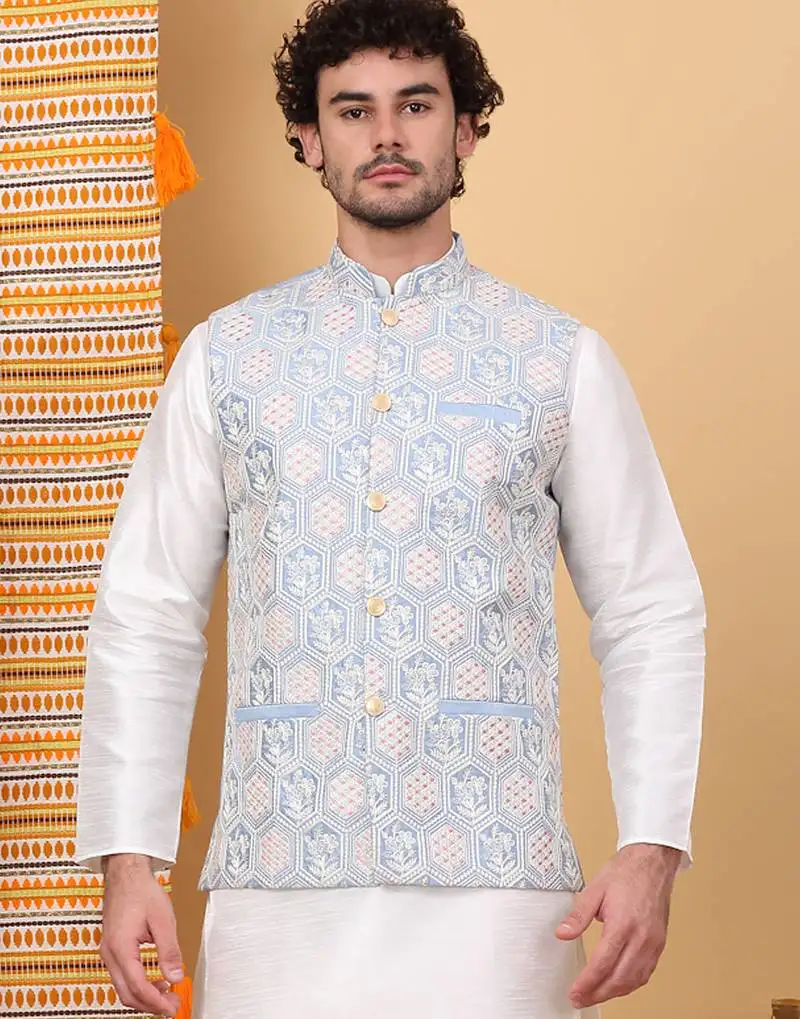 Men silk blend sky blue embroidered nehru jacket
