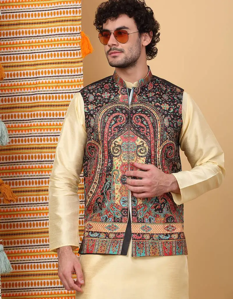 Men silk blend black paisley kashmiri printed nehru jacket