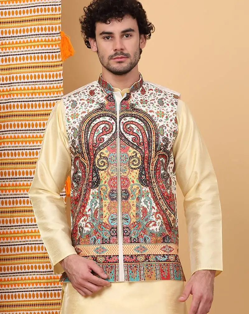 Men silk blend cream paisley kashmiri printed nehru jacket