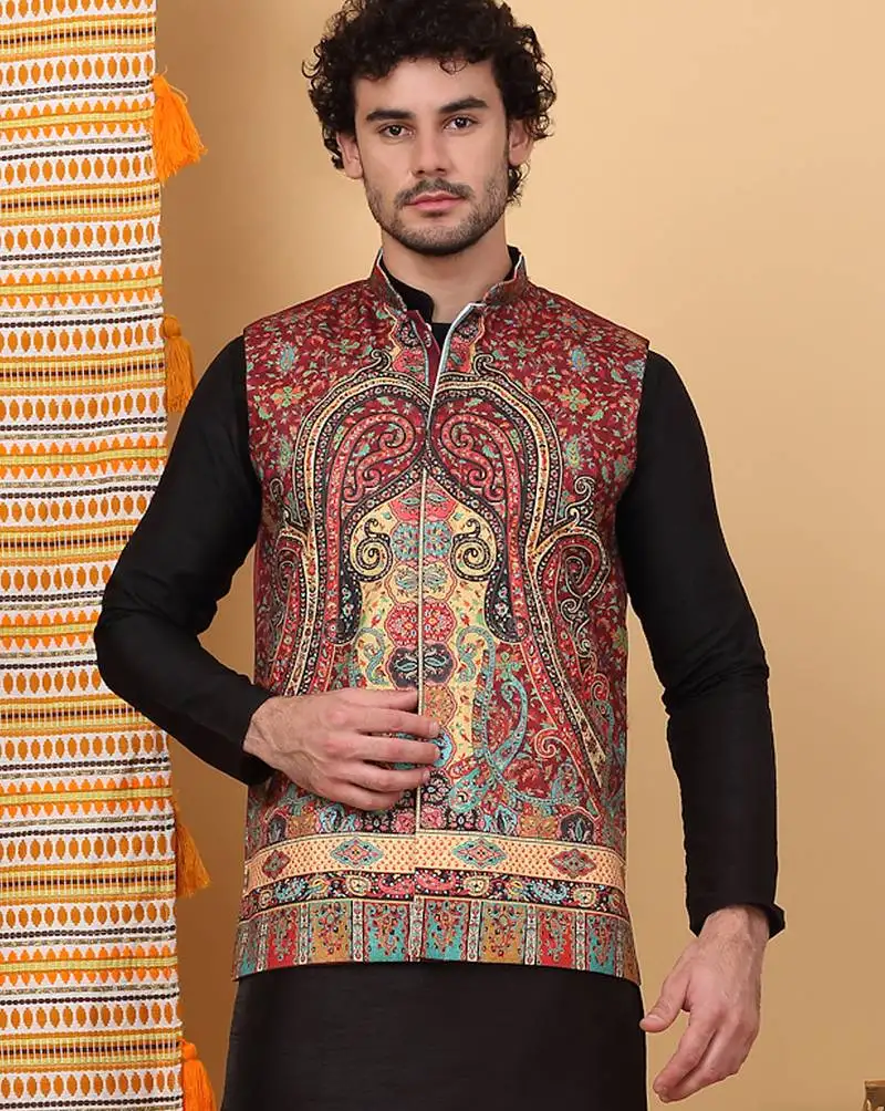 Men silk blend maroon paisley kashmiri printed nehru jacket