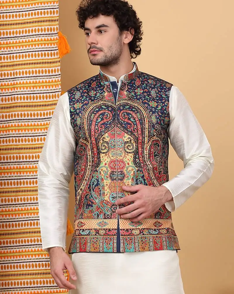 Men silk blend navy blue paisley kashmiri printed nehru jacket