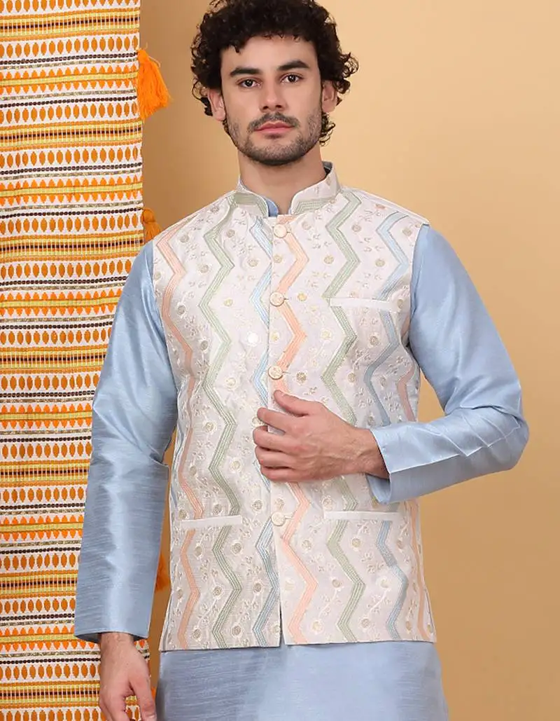 Men silk blend cream chevron embroidered nehru jacket