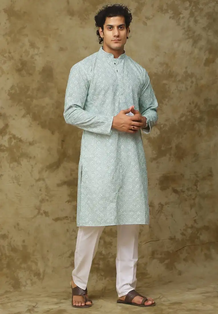 Light green green chikankari embroidered kurta set for men