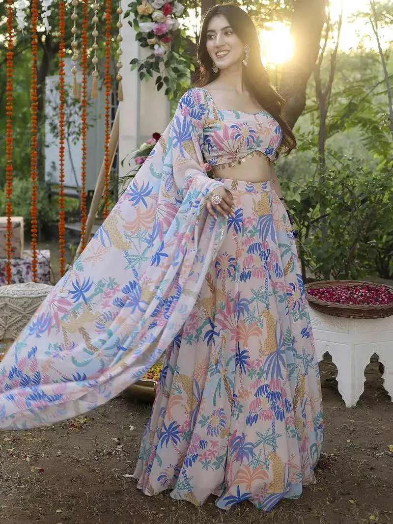 Baby pink printed georgette lehenga blouse with dupatta