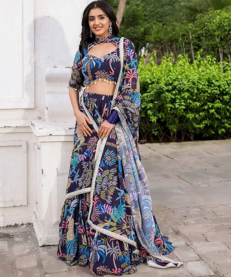 Navy blue printed georgette lehenga blouse with dupatta