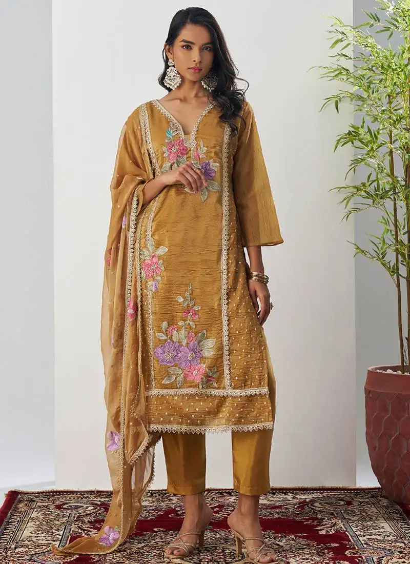 Mustard fancy crust top embroidered salwar suit stitched
