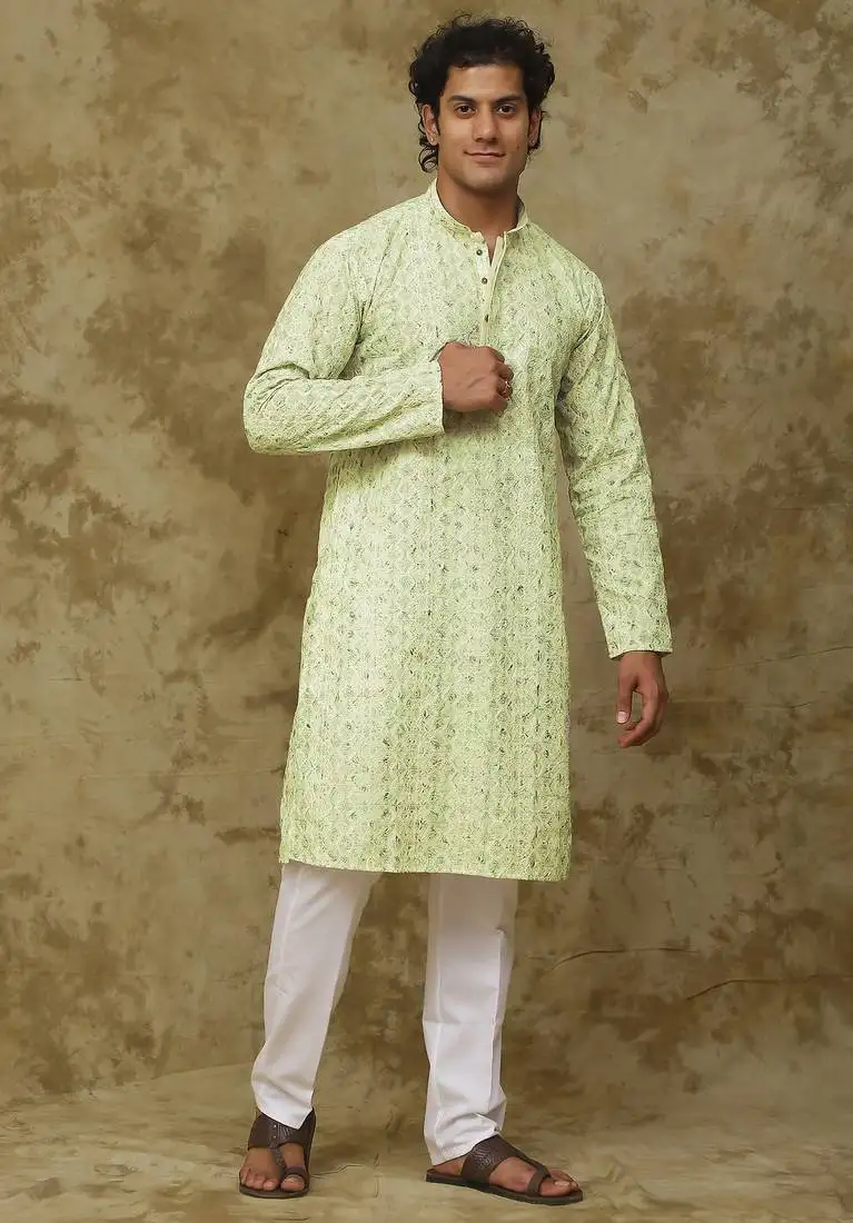 Lemon yellow yellow chikankari embroidered kurta set for men
