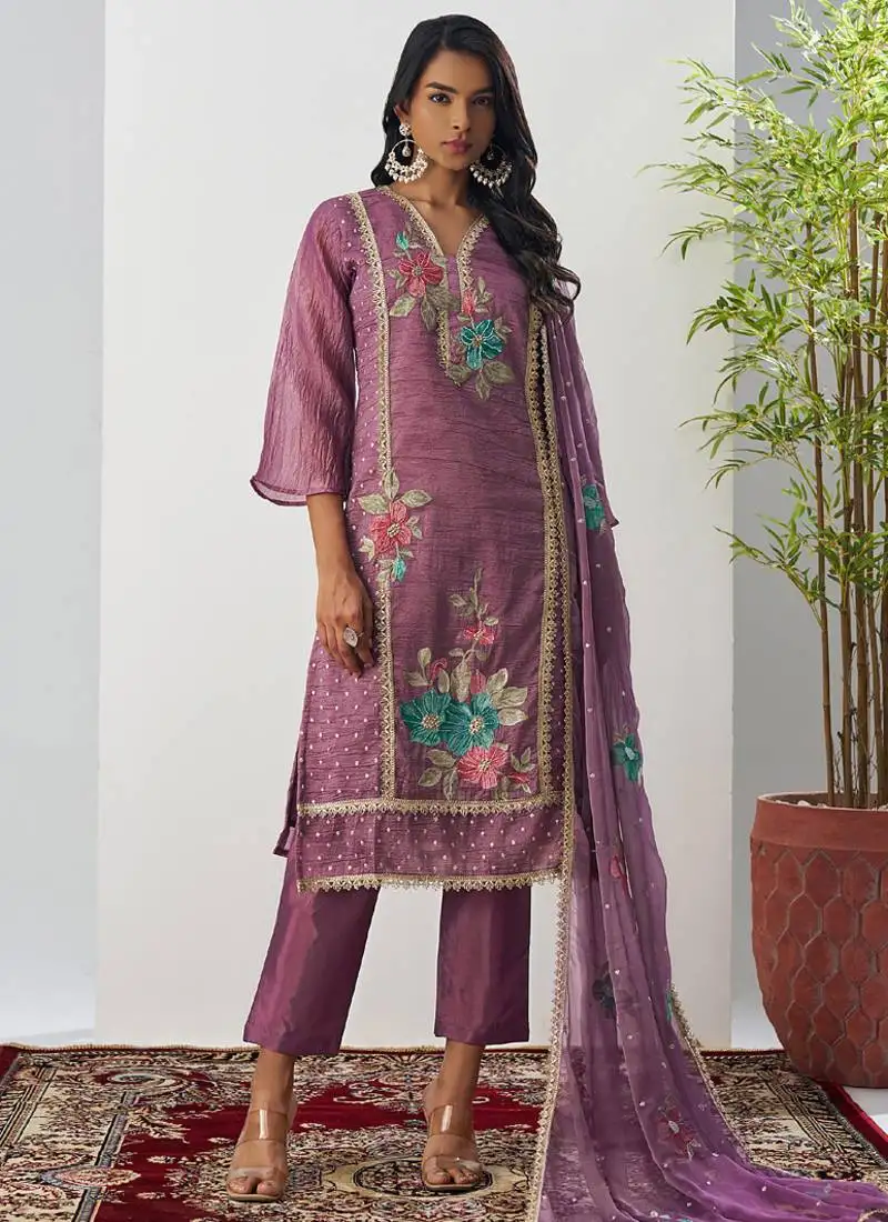 Onion pink fancy crust top embroidered salwar suit stitched