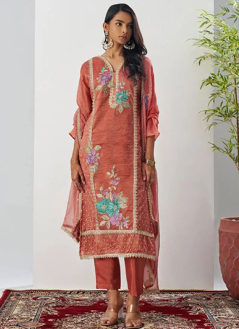Orange fancy crust top embroidered salwar suit stitched