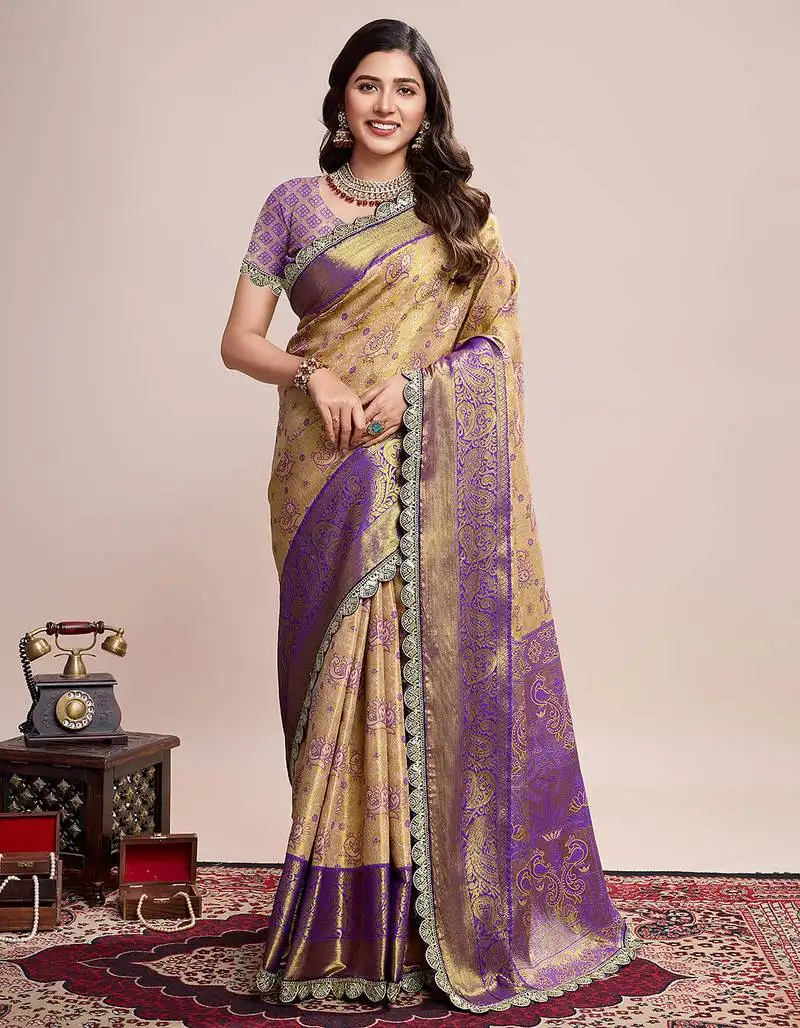Beige kanjivaram silk blend saree with blouse