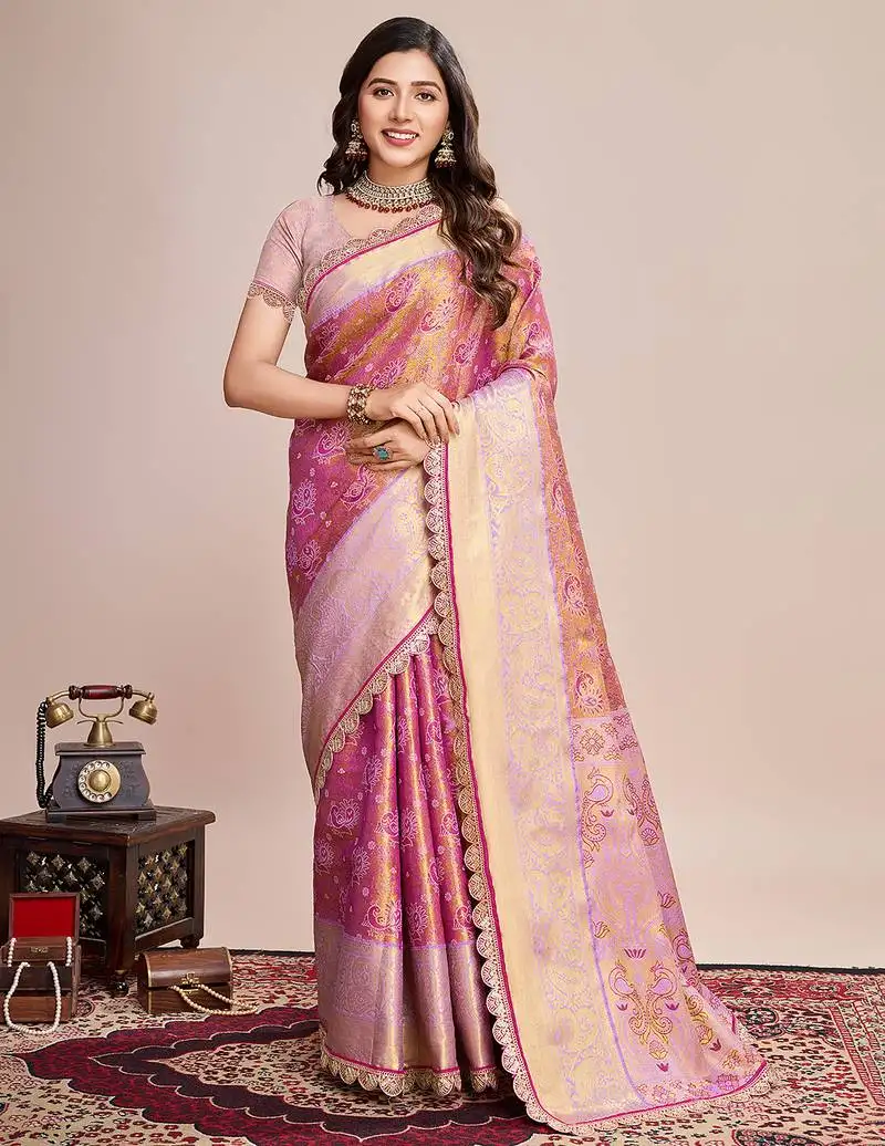 Lavender kanjivaram silk blend saree with blouse