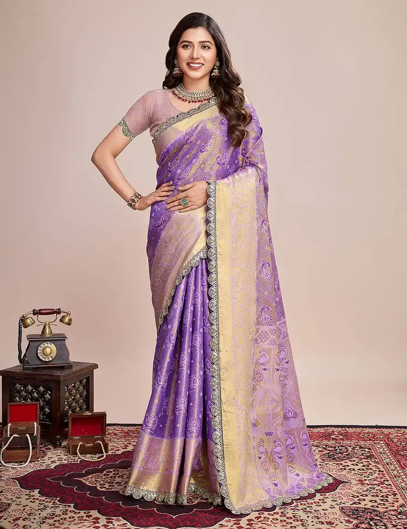 Purple kanjivaram silk blend saree with blouse
