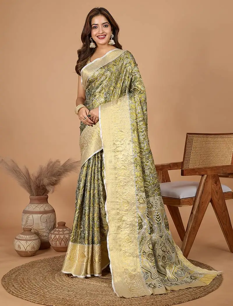 Beige silk blend rich zari weave saree