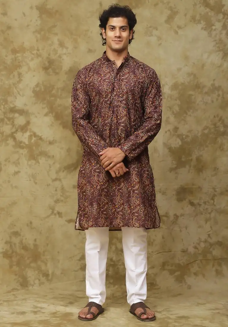 Brown brown chikankari embroidered kurta set for men
