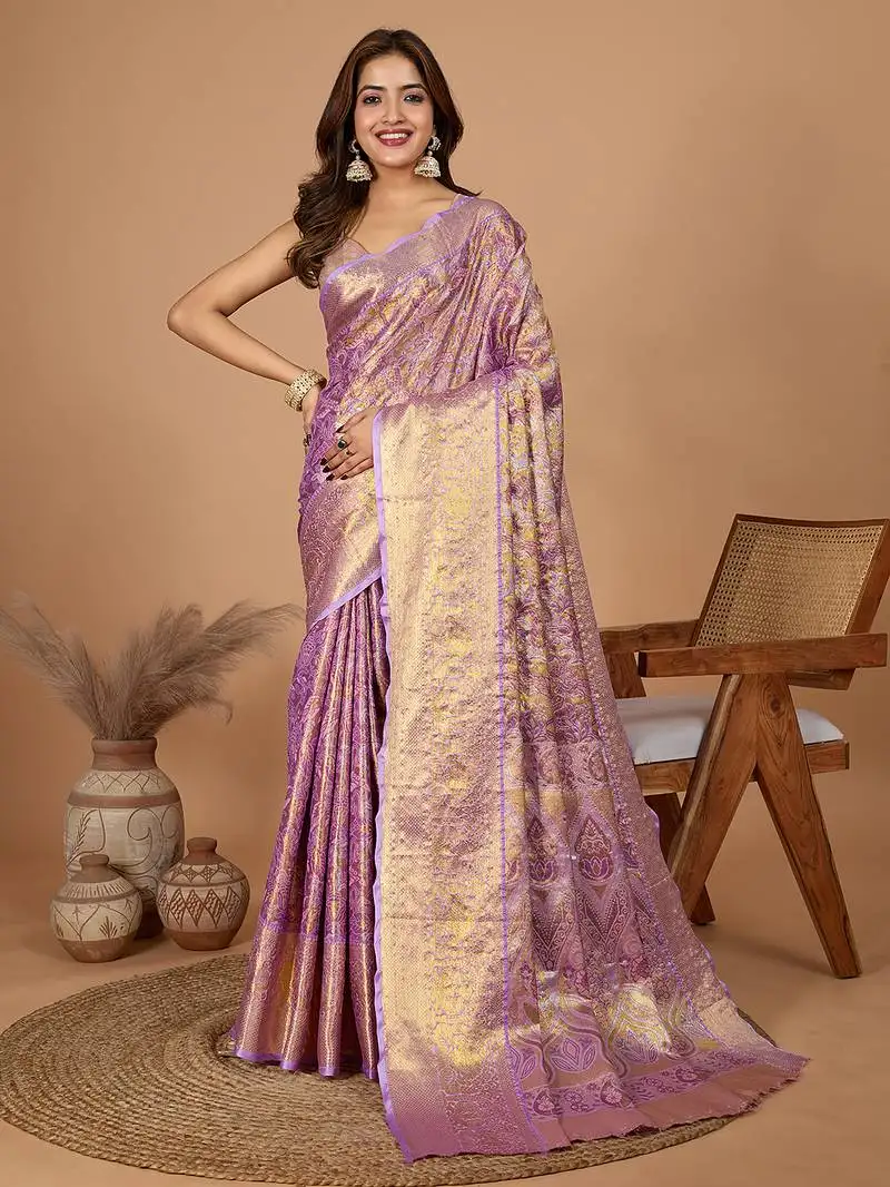 Lavender silk blend rich zari weave saree