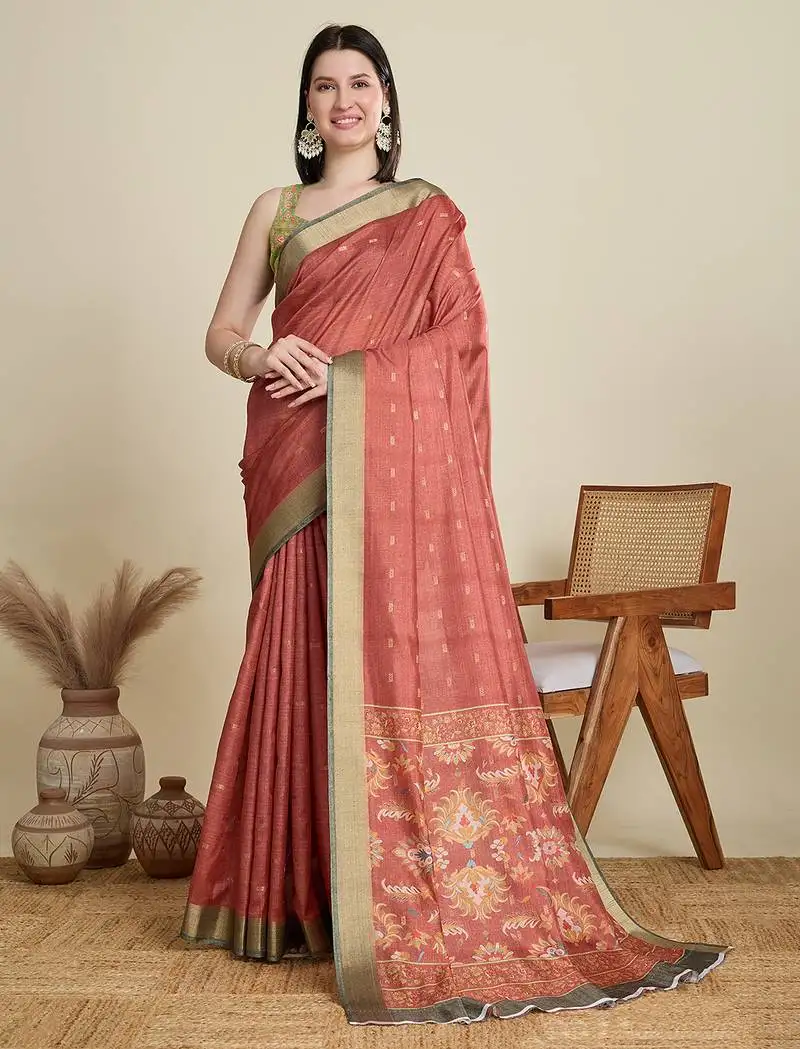 Orange soft butti jacquard work cotton saree