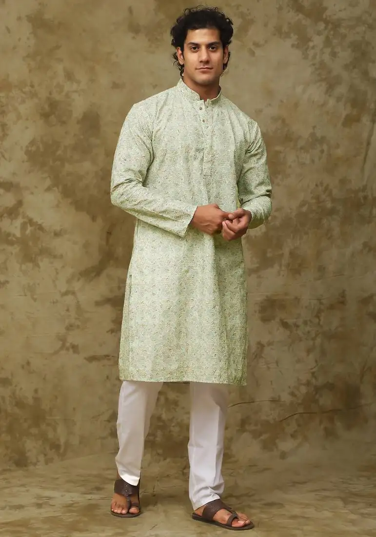 Green white green chikankari embroidered kurta set for men