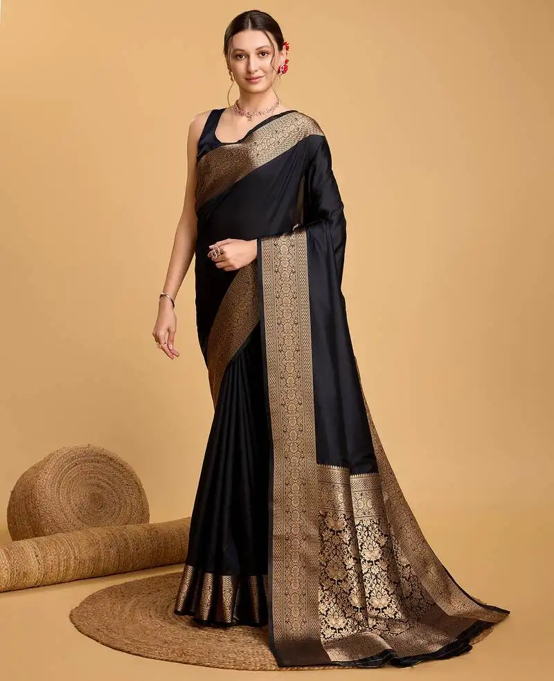 Black banarasi soft woven saree with blouse
