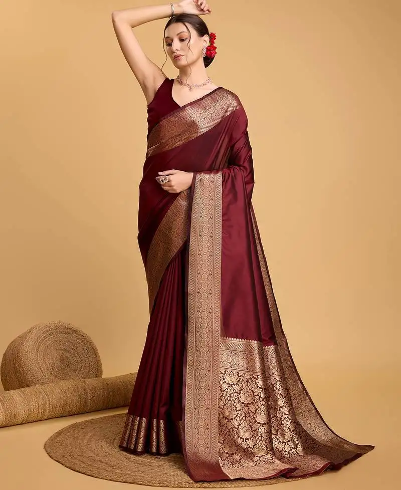 Maroon banarasi soft woven saree with blouse