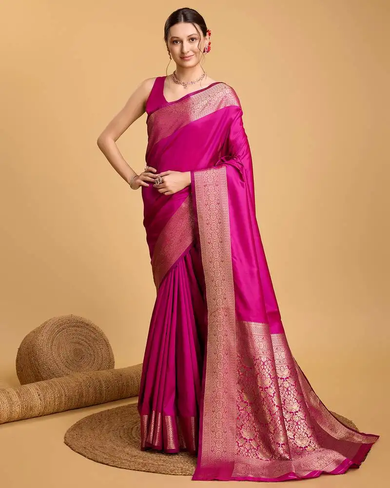 Pink banarasi soft woven saree with blouse