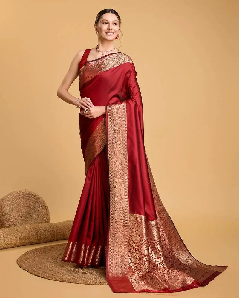 Red banarasi soft woven saree with blouse