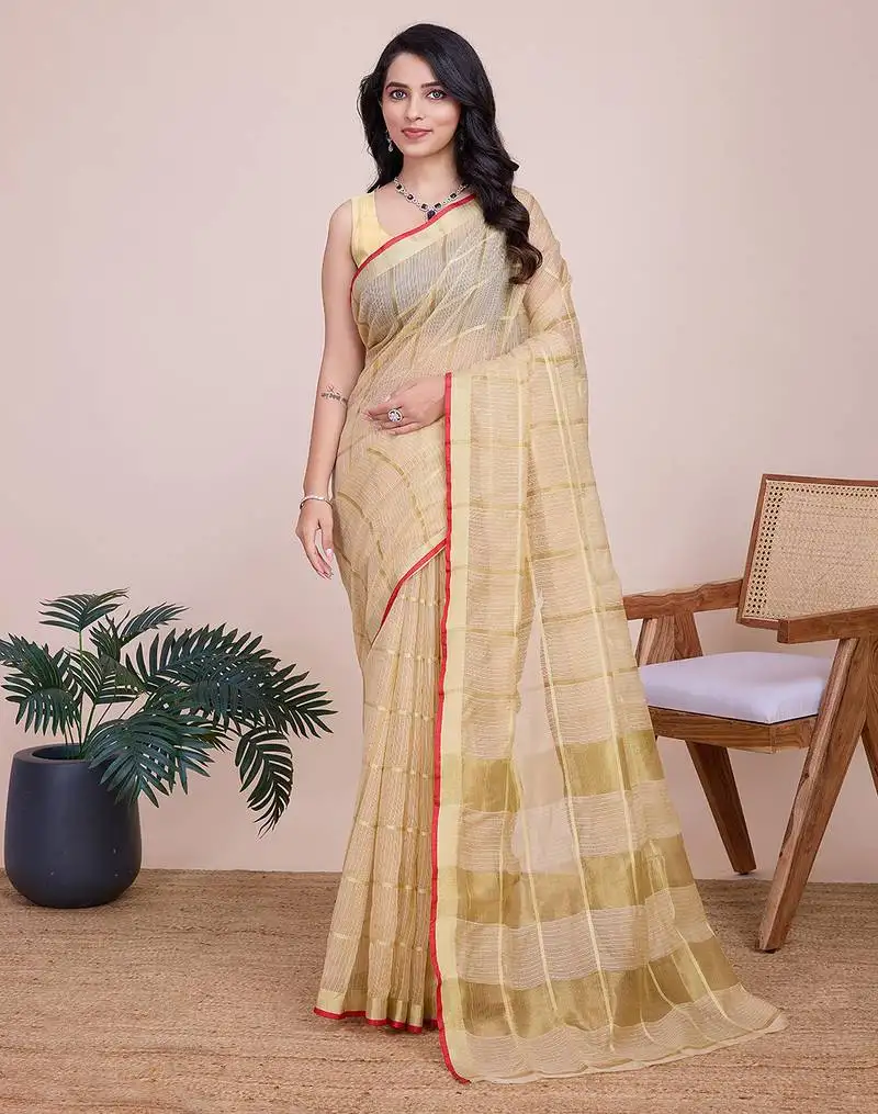 Beige soft cotton woven saree with blouse