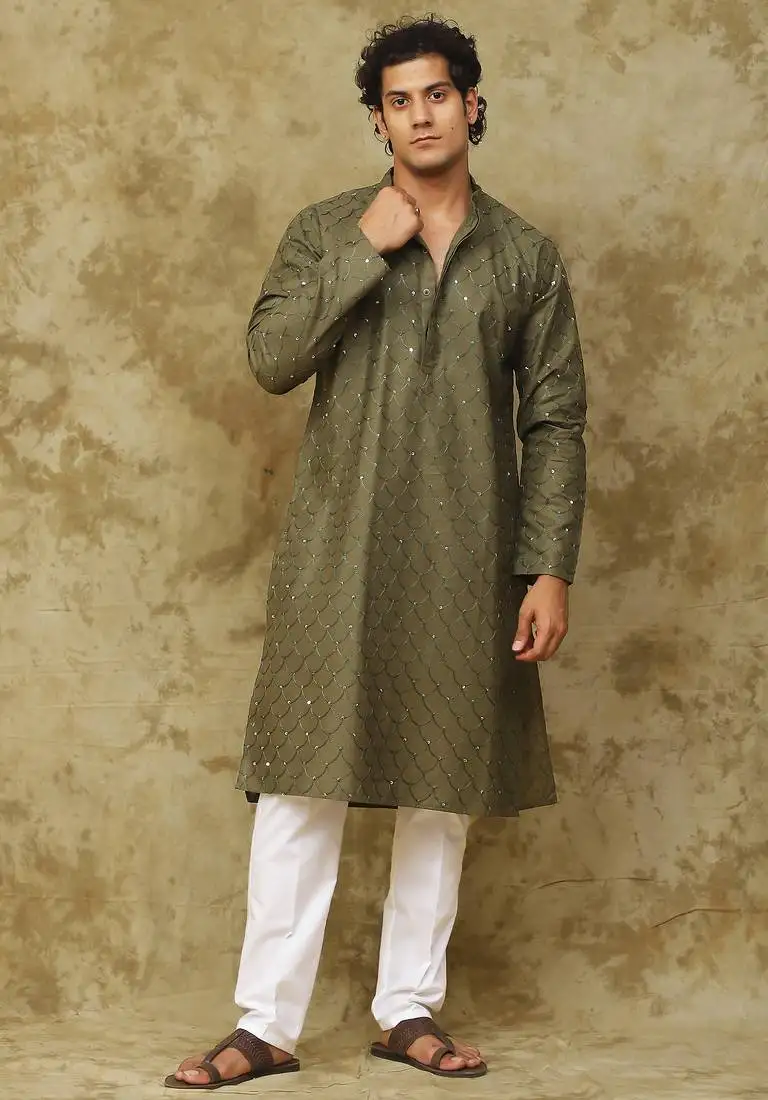 Dark mehendi green linen threadwork kurta set for men