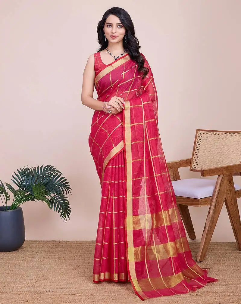 Pink soft cotton woven saree with blouse