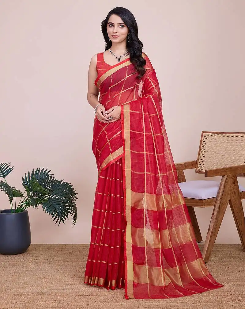 Red soft cotton woven saree with blouse