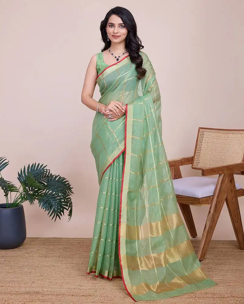 Light green soft cotton woven saree with blouse