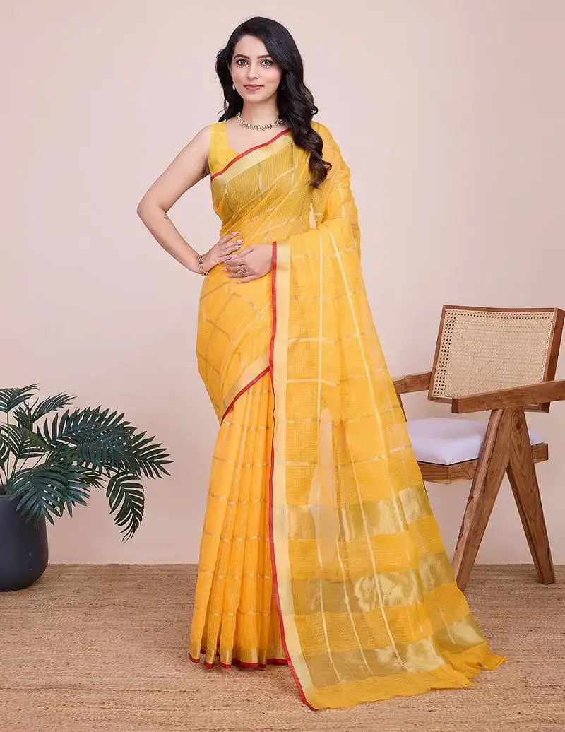 Yellow soft cotton woven saree with blouse