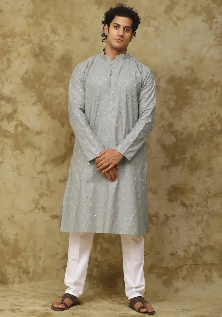 Creamy grey grey linen threadwork kurta set for men