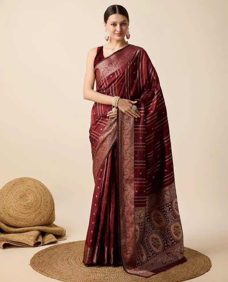 Maroon zari weave jacquard saree