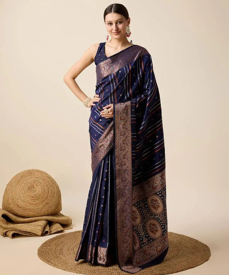 Navy blue zari weave jacquard saree