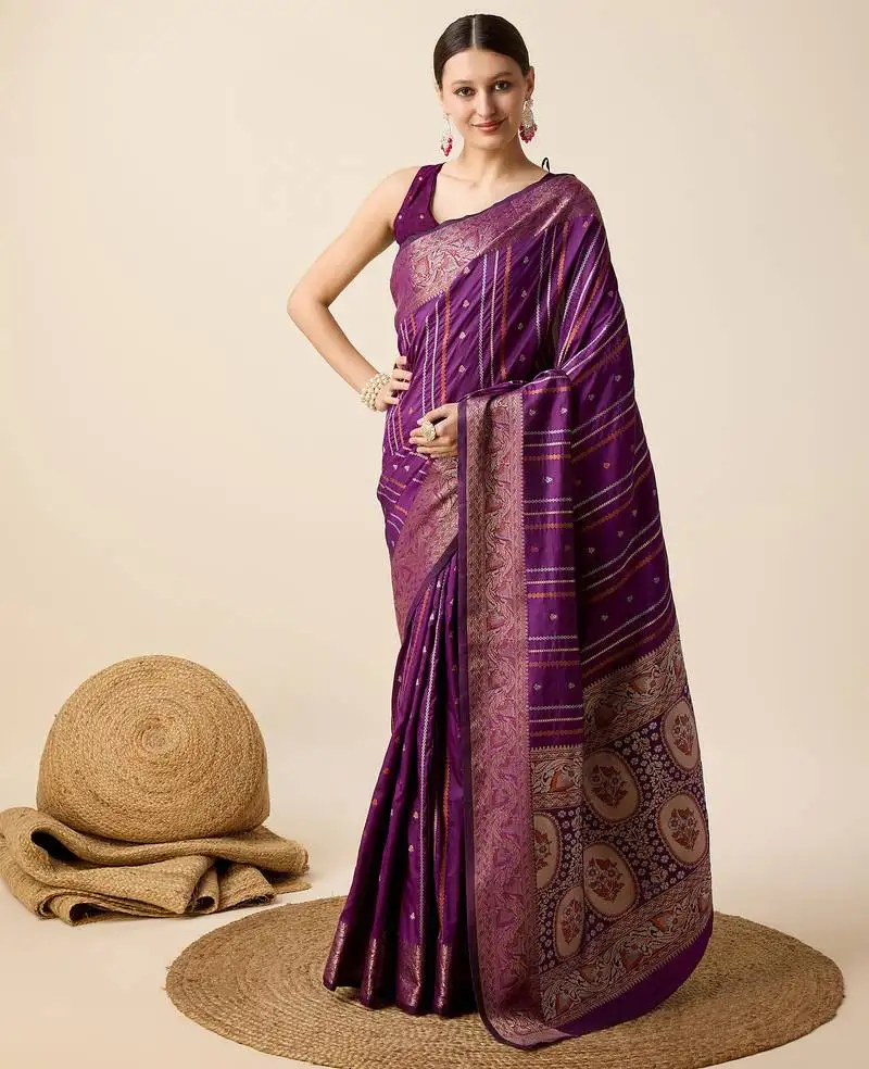 Wine zari weave jacquard saree