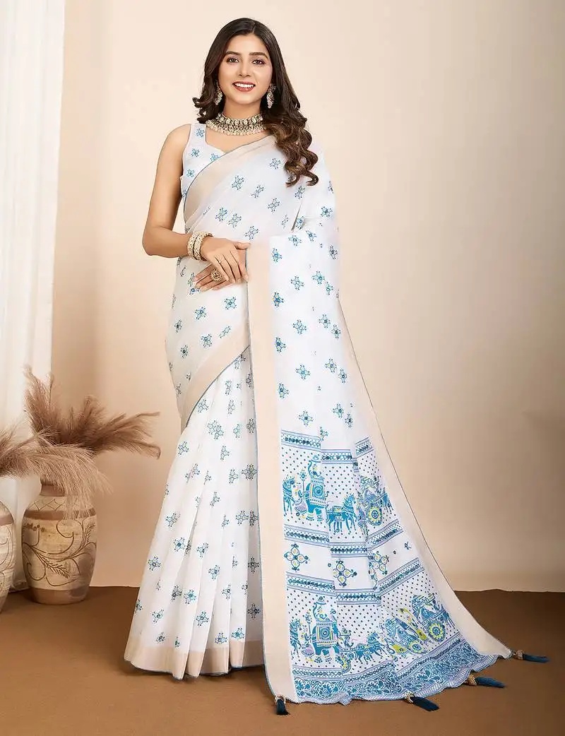 Blue soft cotton saree with jari border shine