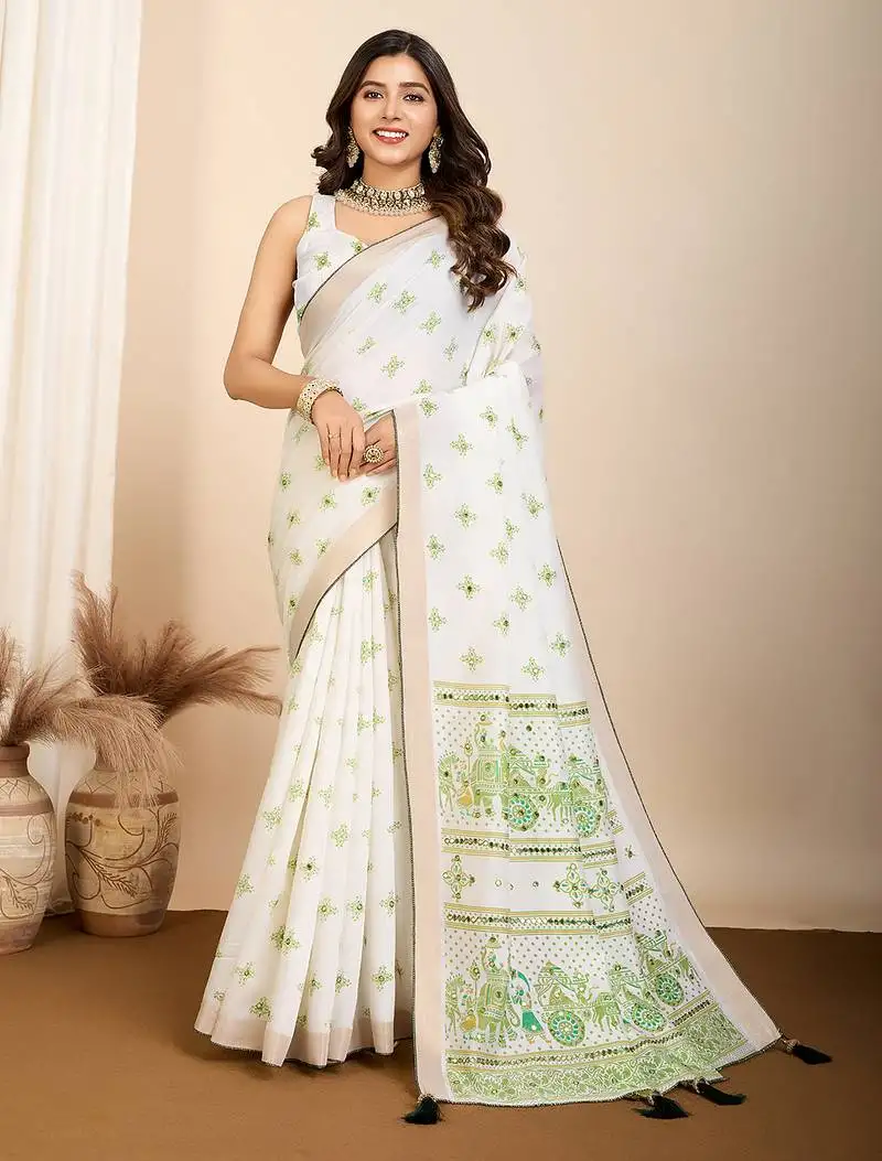 Light green soft cotton saree with jari border shine