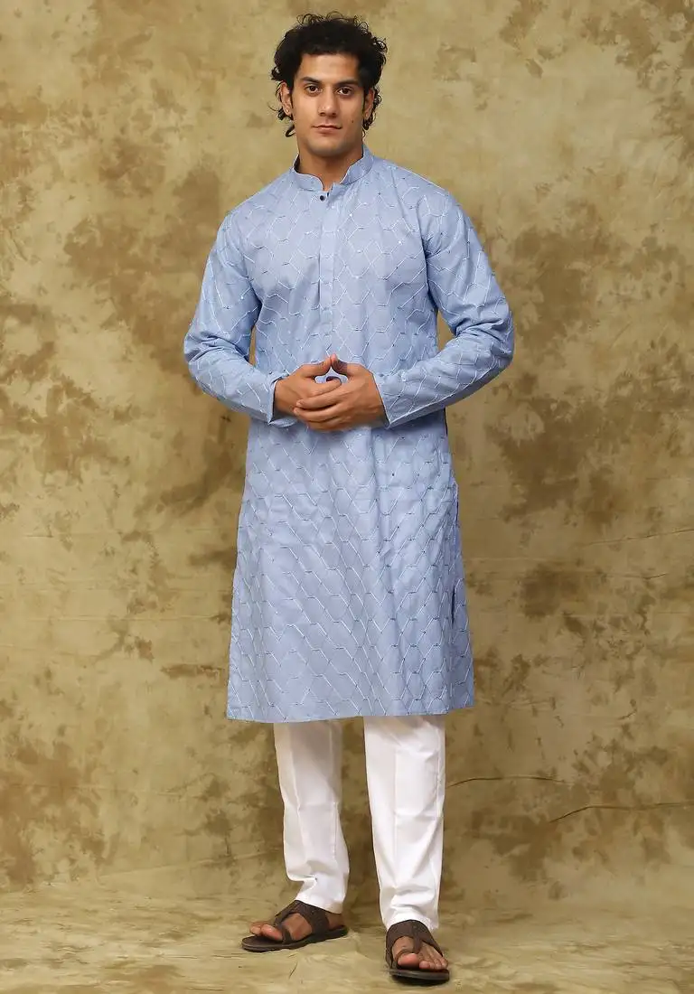 Blue blue linen threadwork kurta set for men