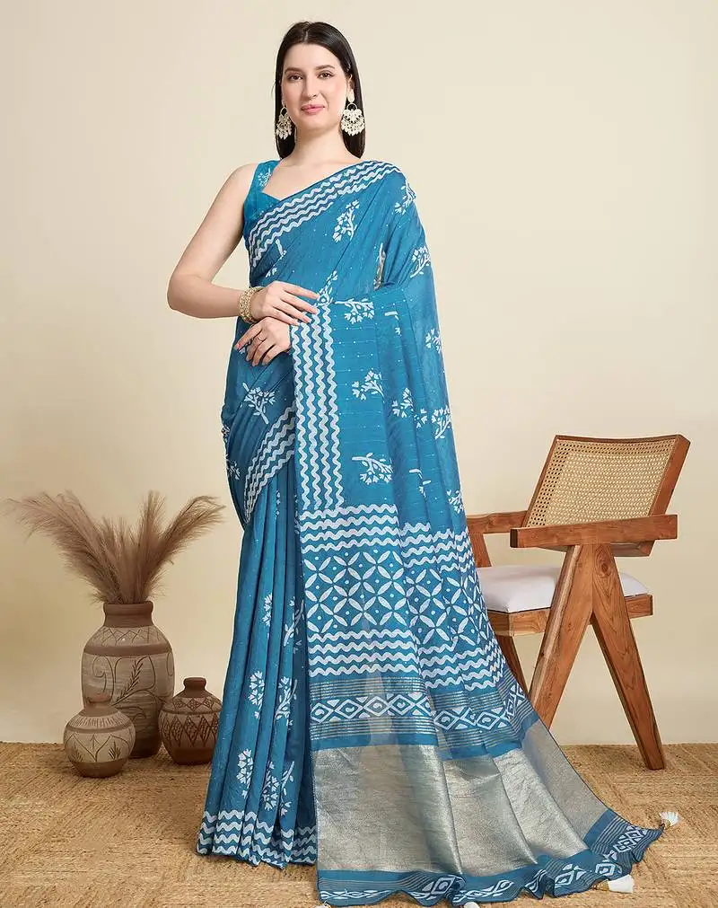 Blue semi cotton sequin saree