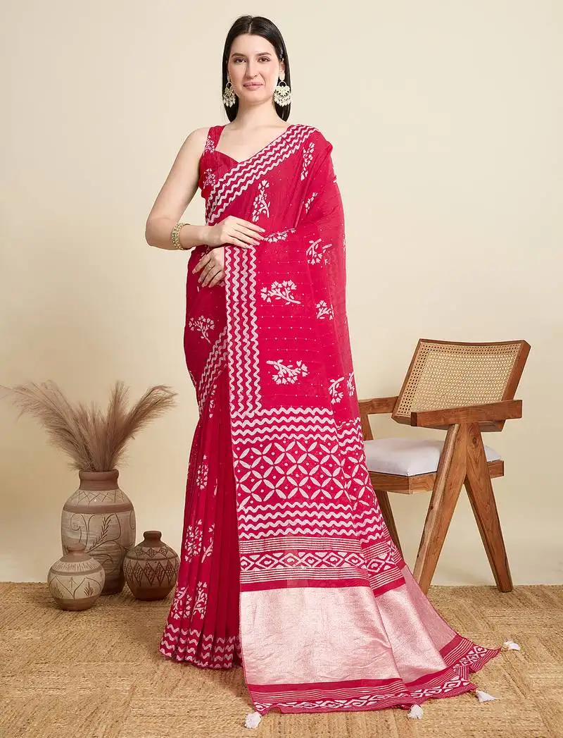 Red semi cotton sequin saree