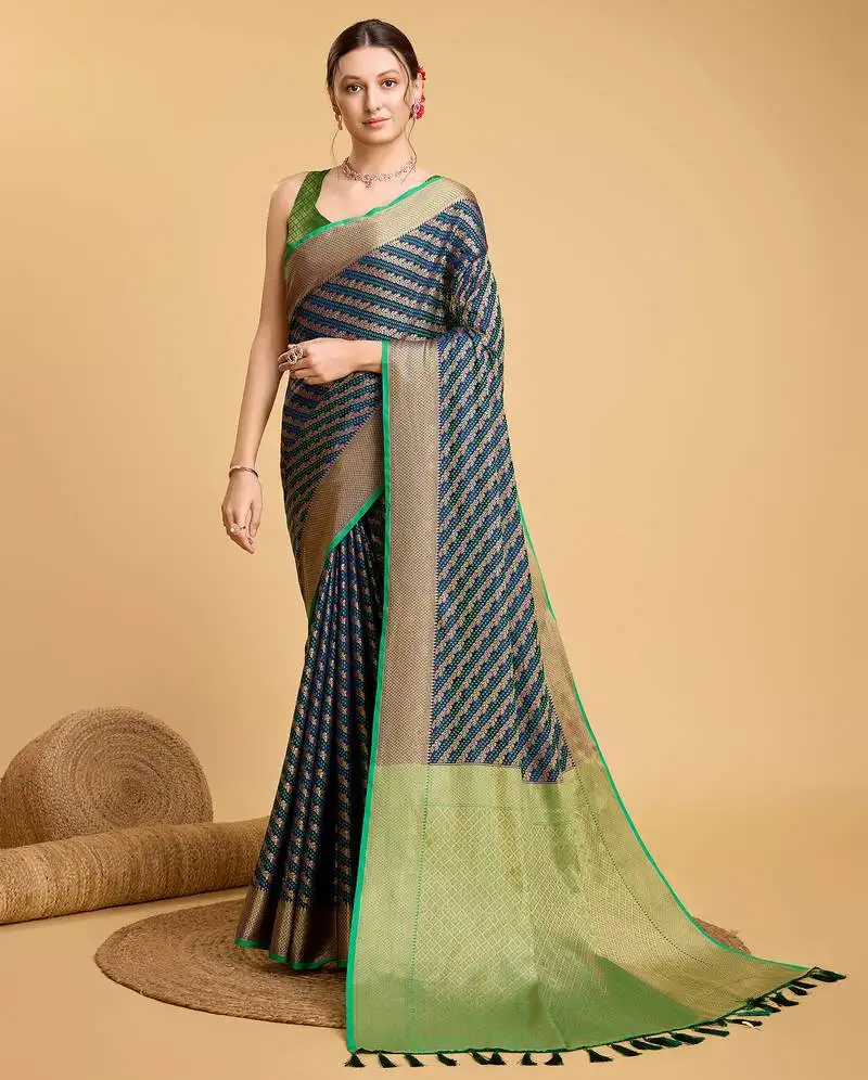 Navy blue banarasi woven saree with blouse