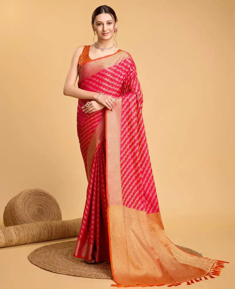 Pink banarasi woven saree with blouse