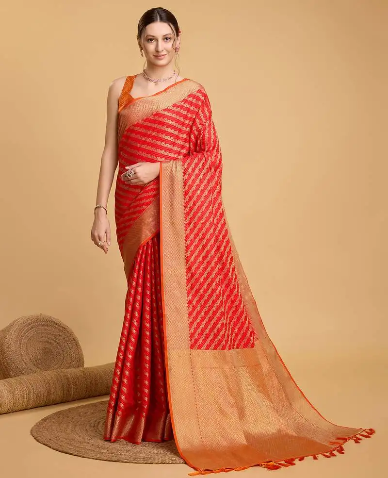 Red banarasi woven saree with blouse