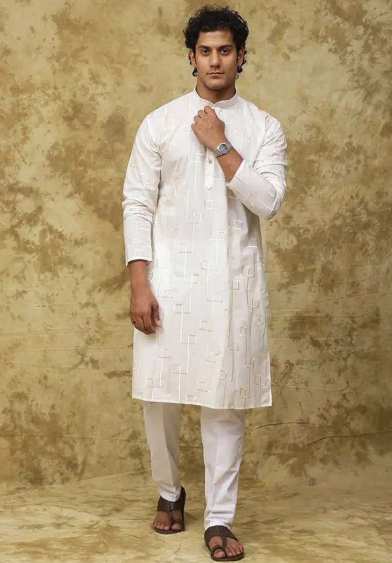 White white cotton zari embroidered kurta set for men