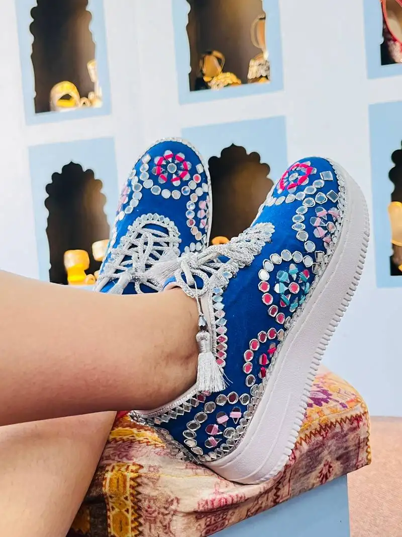 Blue sudede mirror work sneakers