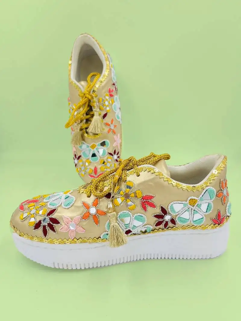 Golden rexxin thread & mirror work sneakers