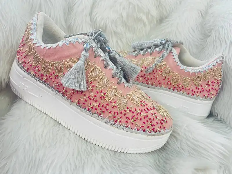 Light pink suede threads, beads & nakshi work sneakers