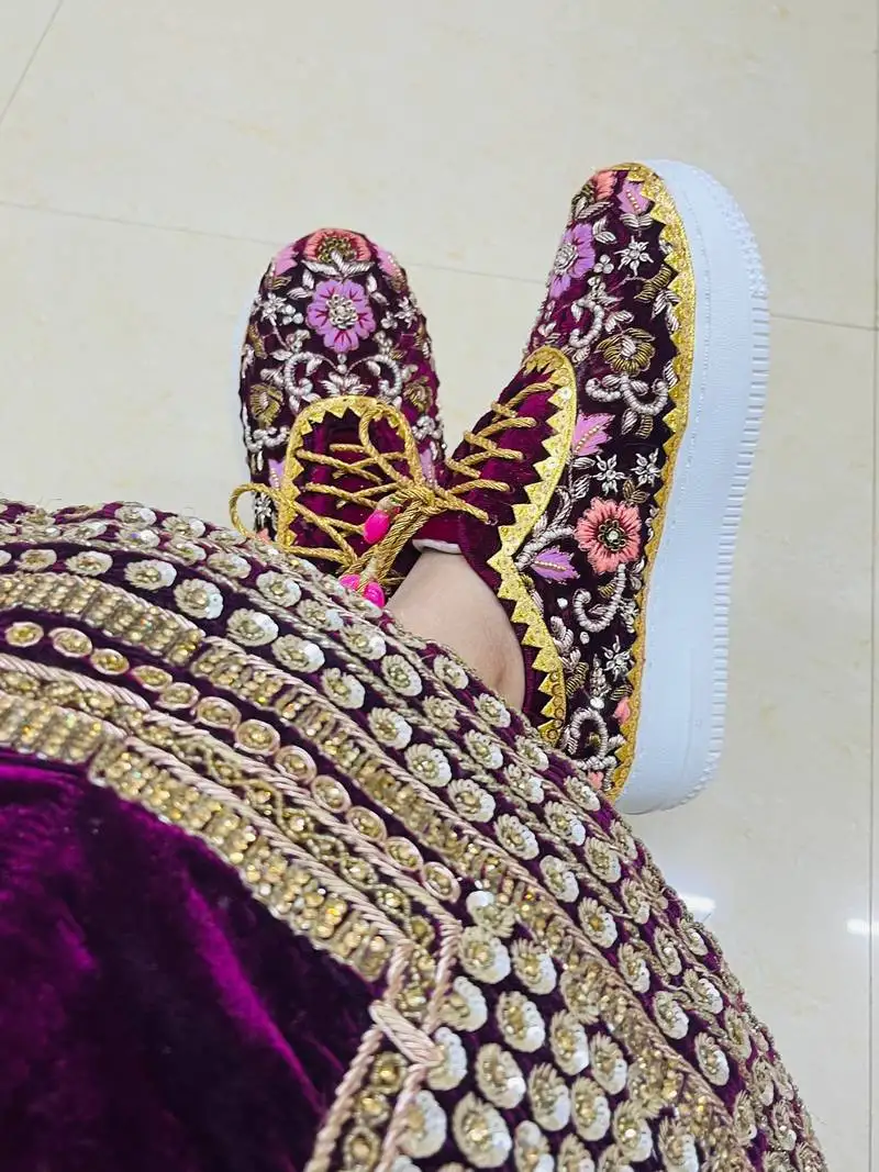 Purple suede thread, beads & nakshi work sneakers