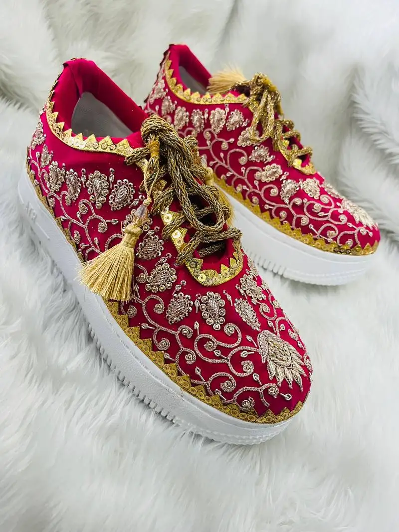 Pink suede thread & zari work sneakers