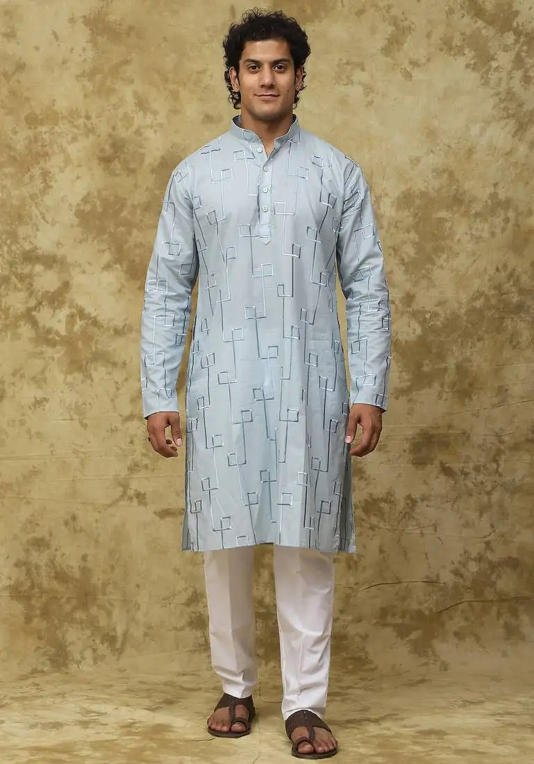 Sky blue blue cotton zari embroidered kurta set for men